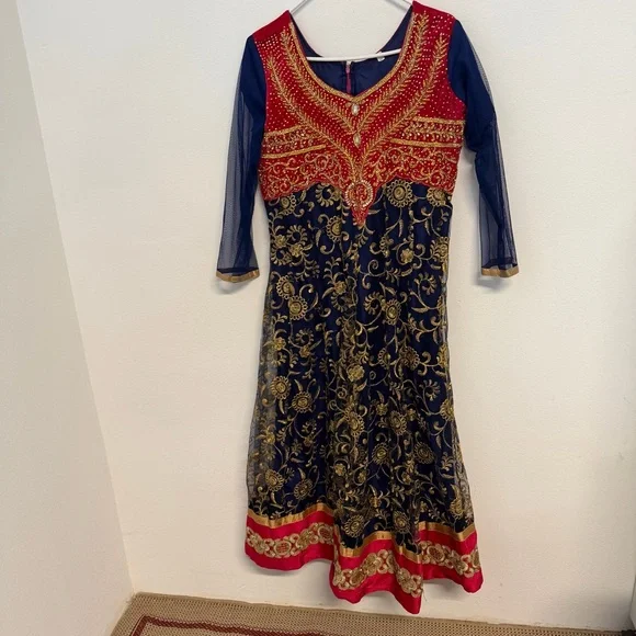 Girls Hot Pink Navy Gold Embroidered Formal Anarkali Dress with Dupatta - Picture 6 of 6